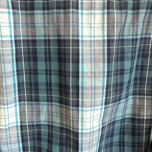 Gap "Lived In" Casual Navy Blue, White, & Green Plaid Button Down Shirt Top - Picture 4 of 5